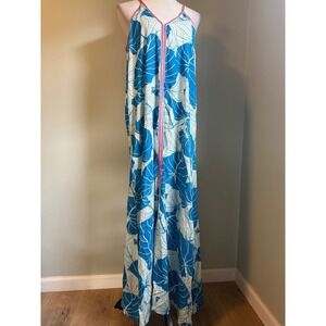 AMERICA & BEYOND Tropical Leaf Print Maxi Dress Blue White resort boho flowy y2k